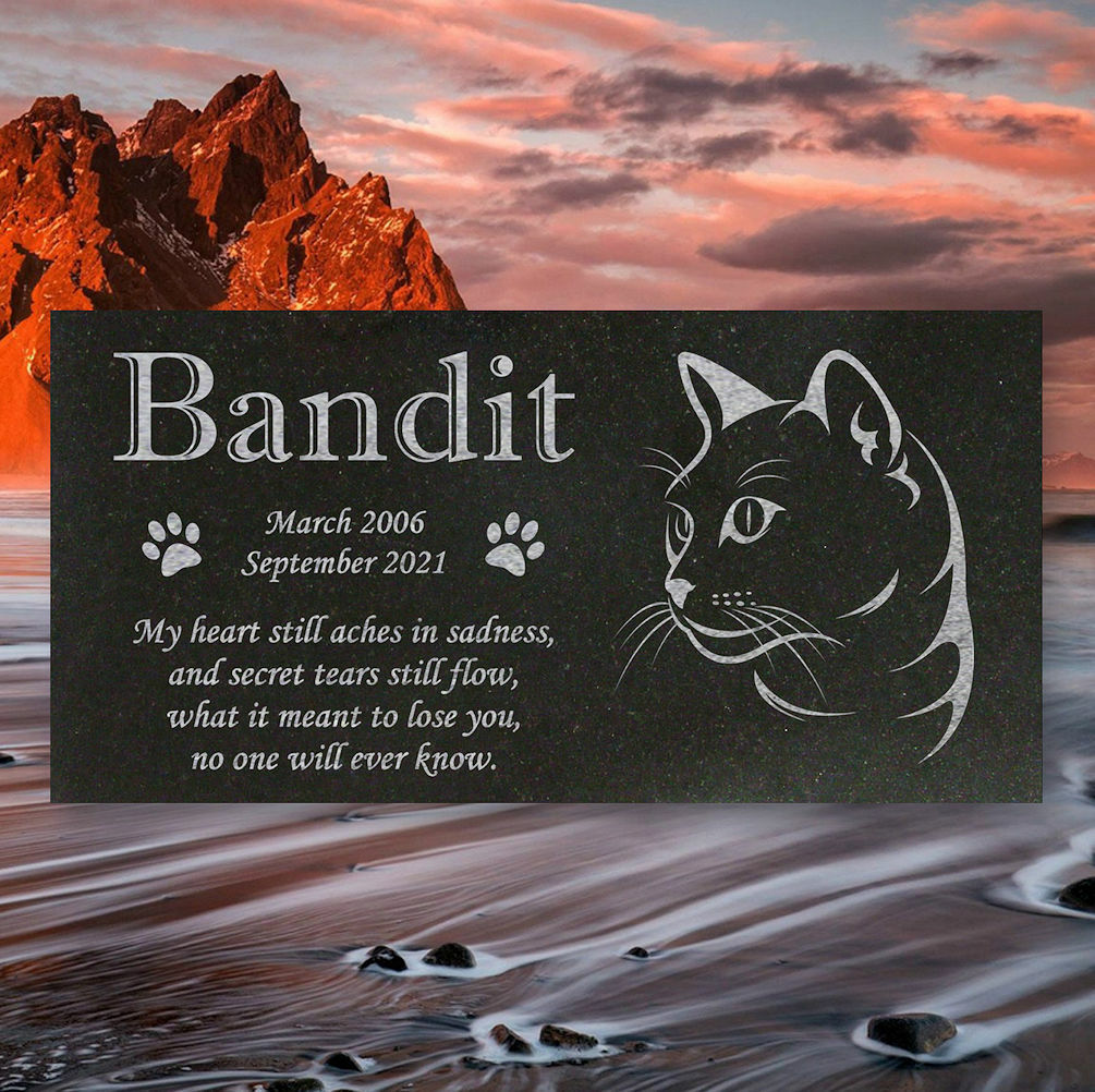 Personalized Cat Memorial – Granite Stone Pet Grave Marker – 6×12 – Bandit