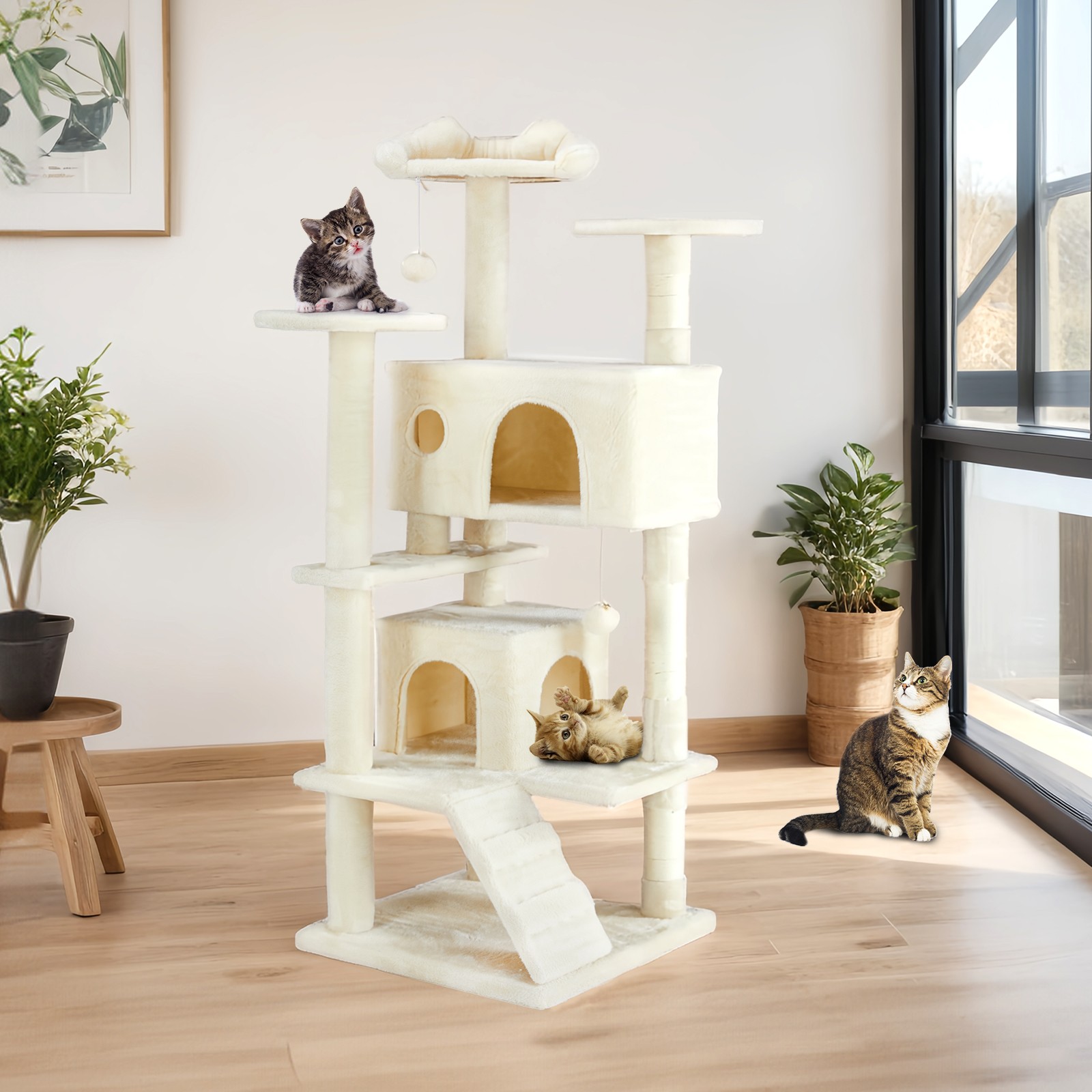 Multi Level Cat Treehouse Climbing Frame Kitty Condo Tower Scratching Post Ramp