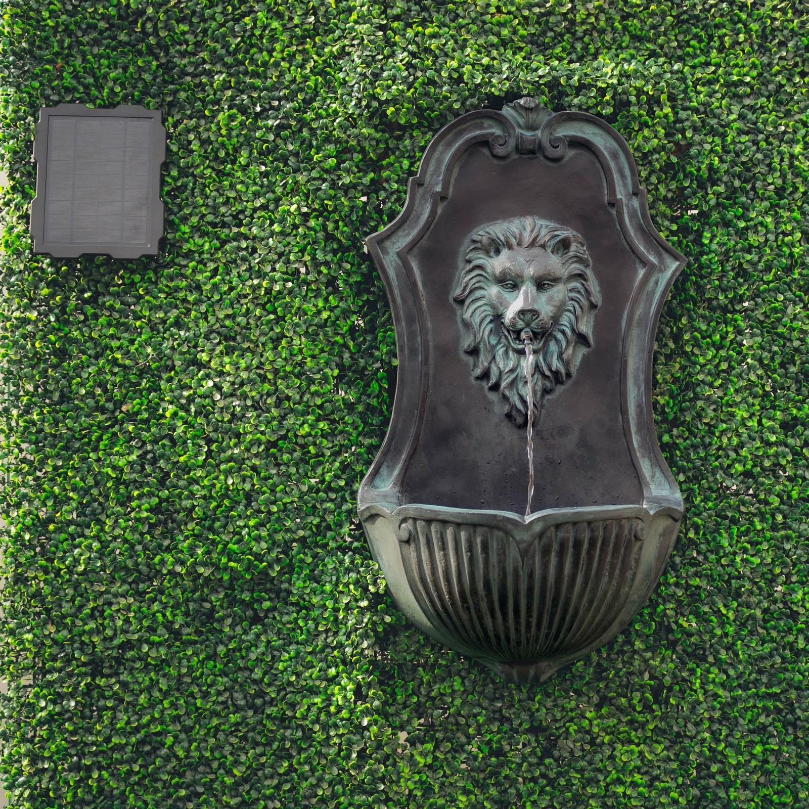 XBrand 30″ Solar-Powered Wall-Mounted Lion Head Fountain, Resin, Outdoor, Gray