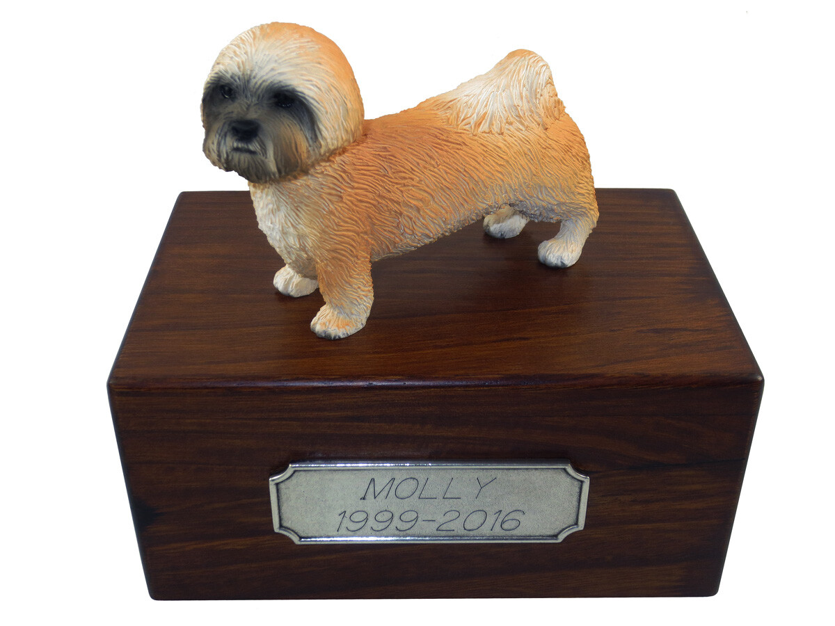 Beautiful Paulownia Sm Wooden Personalized Urn Brn Lhasa Apso Puppycut Figurine