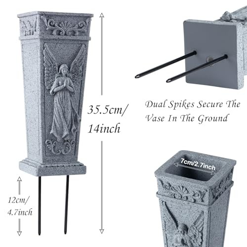 Cemetery Flowers Vase with Spike, Memorial Grave Vase Resin Flowers 1 Gray