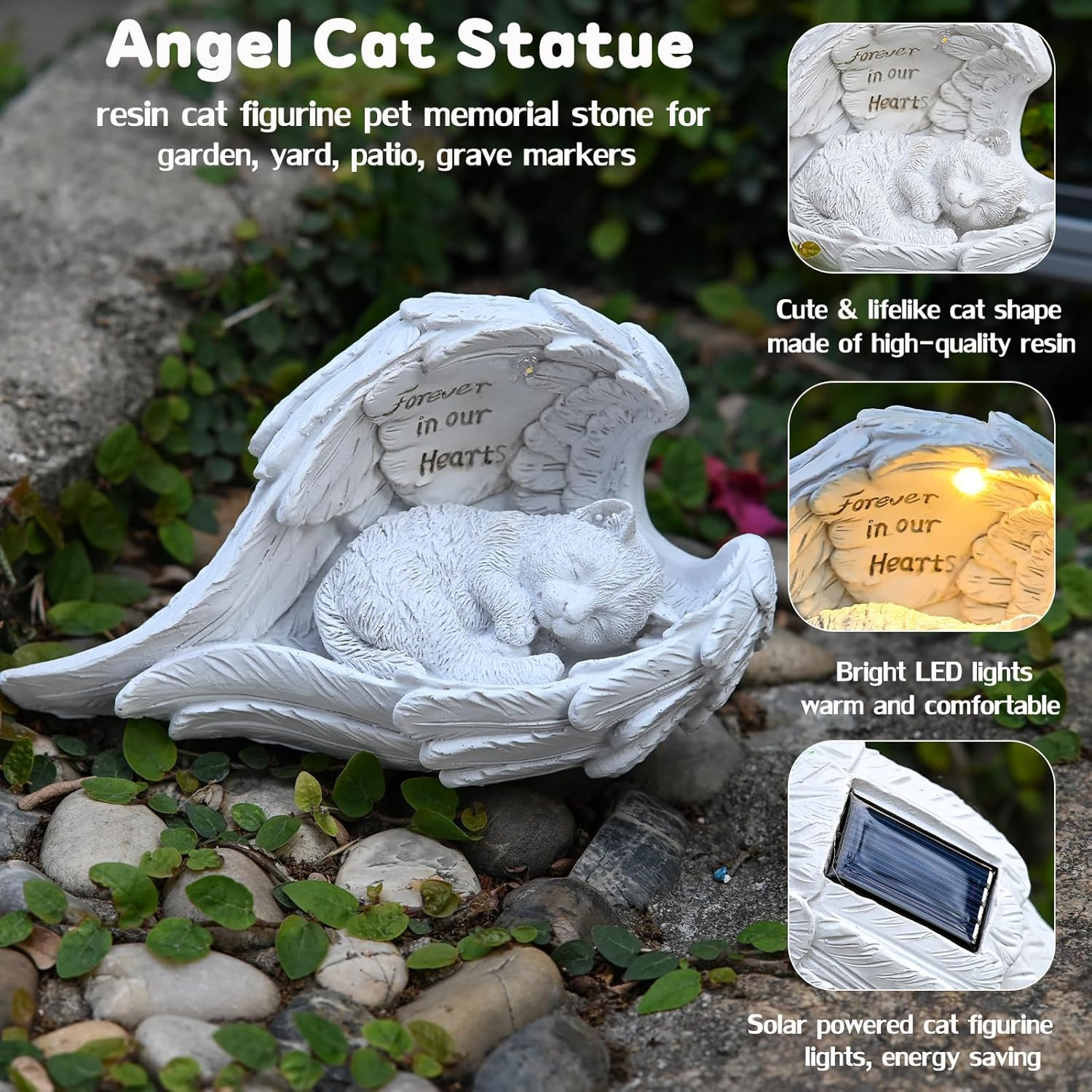 Cat Memorial Gifts for Loss of Cat, Peaceful Sleeping Solar Angel Cat Statue Out