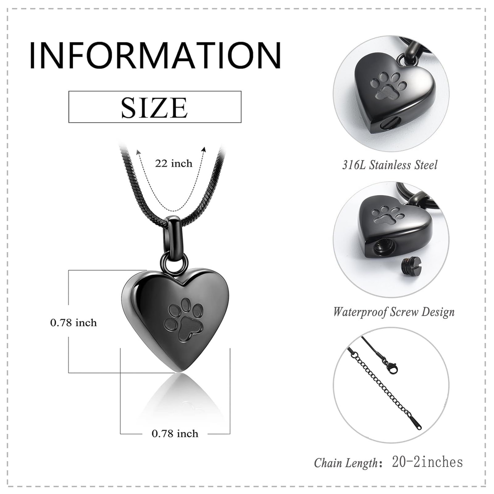 zeqingjw Pet Cremation Jewelry for Ashes Pendant Paw Print Small, Heart-Black