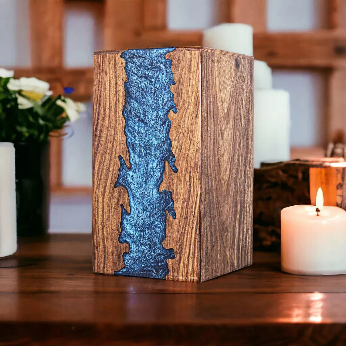 Handcrafted Wooden Urn for Adult Human Ashes – Wood and Epoxy Resin Mix Urn Box