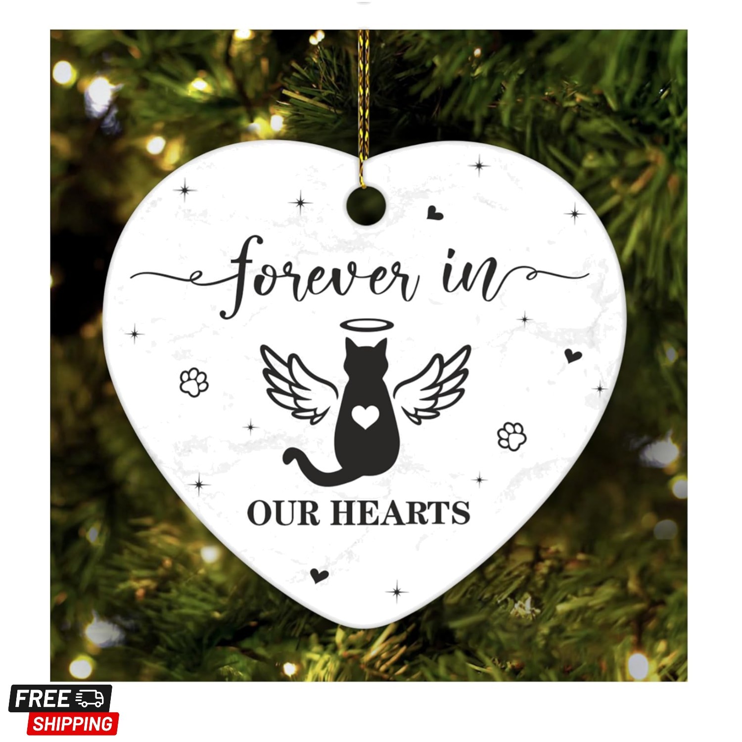Cat Memorial Heart Ornament – Ceramic Pet Loss Keepsake with Angel Wings – Fo…