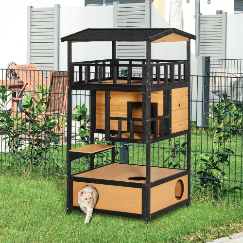 PawHut Wooden Outdoor Cat House with Jump Platforms & Escape Door