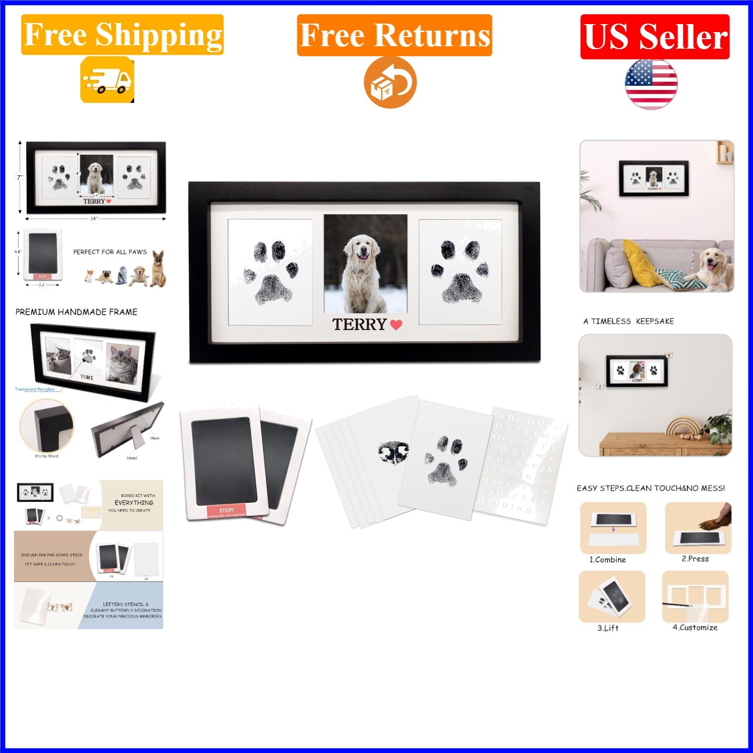 Dog & Cat Paw Print Frame Kit with Ink Pads, Personalization, Memorial Gift