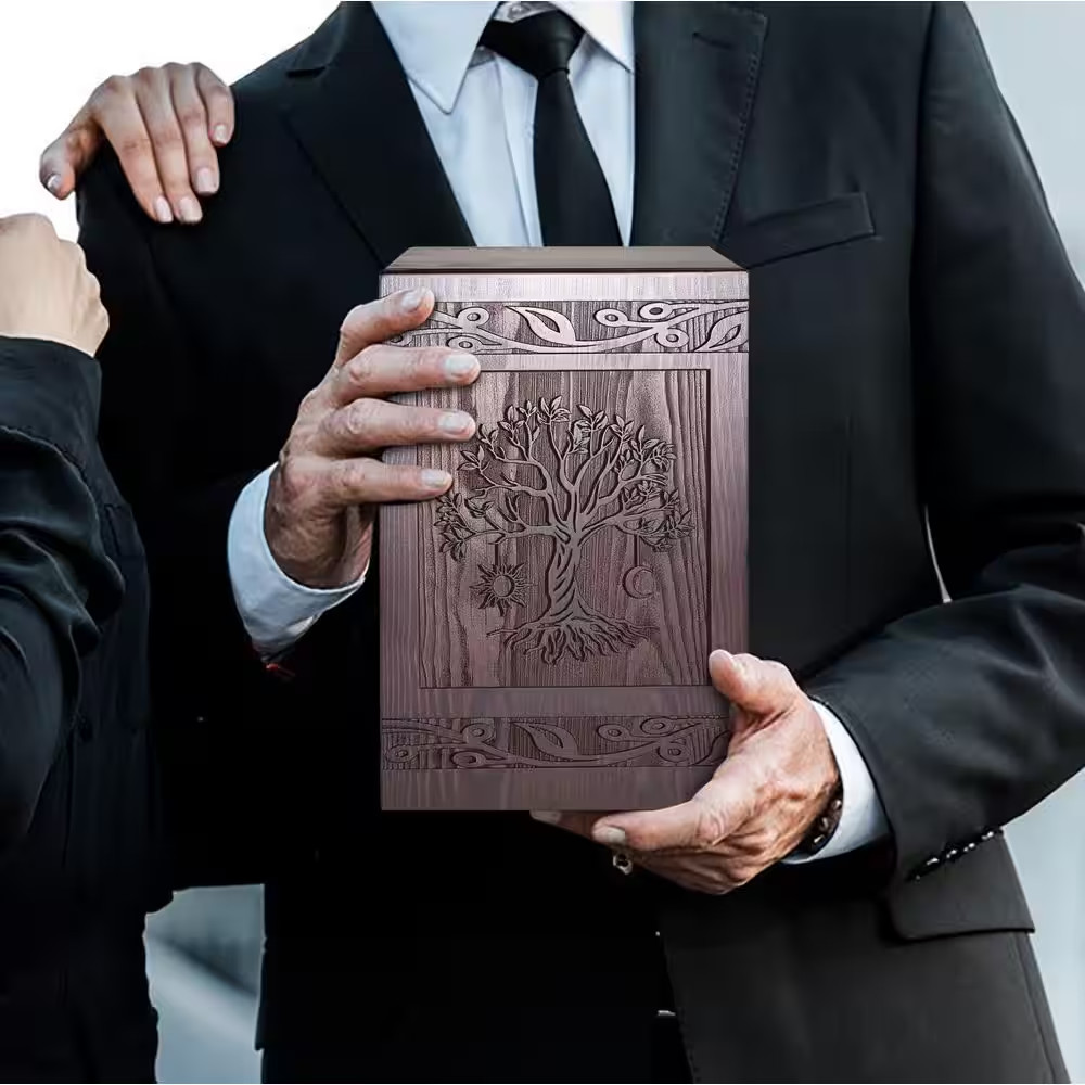 6.3 In. W X 9.5 In. H Wooden Tree of Life Urns Box and Casket, Burial Funeral Me