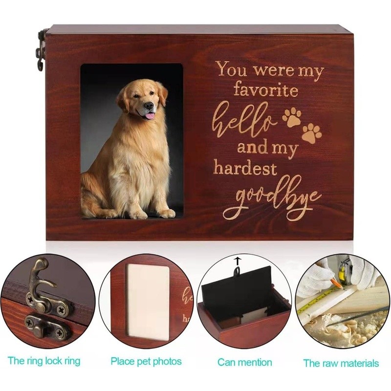 Handcrafted Wooden Pet Urn Dogs Cats W/ Photo Display Paw Prints Memorial New