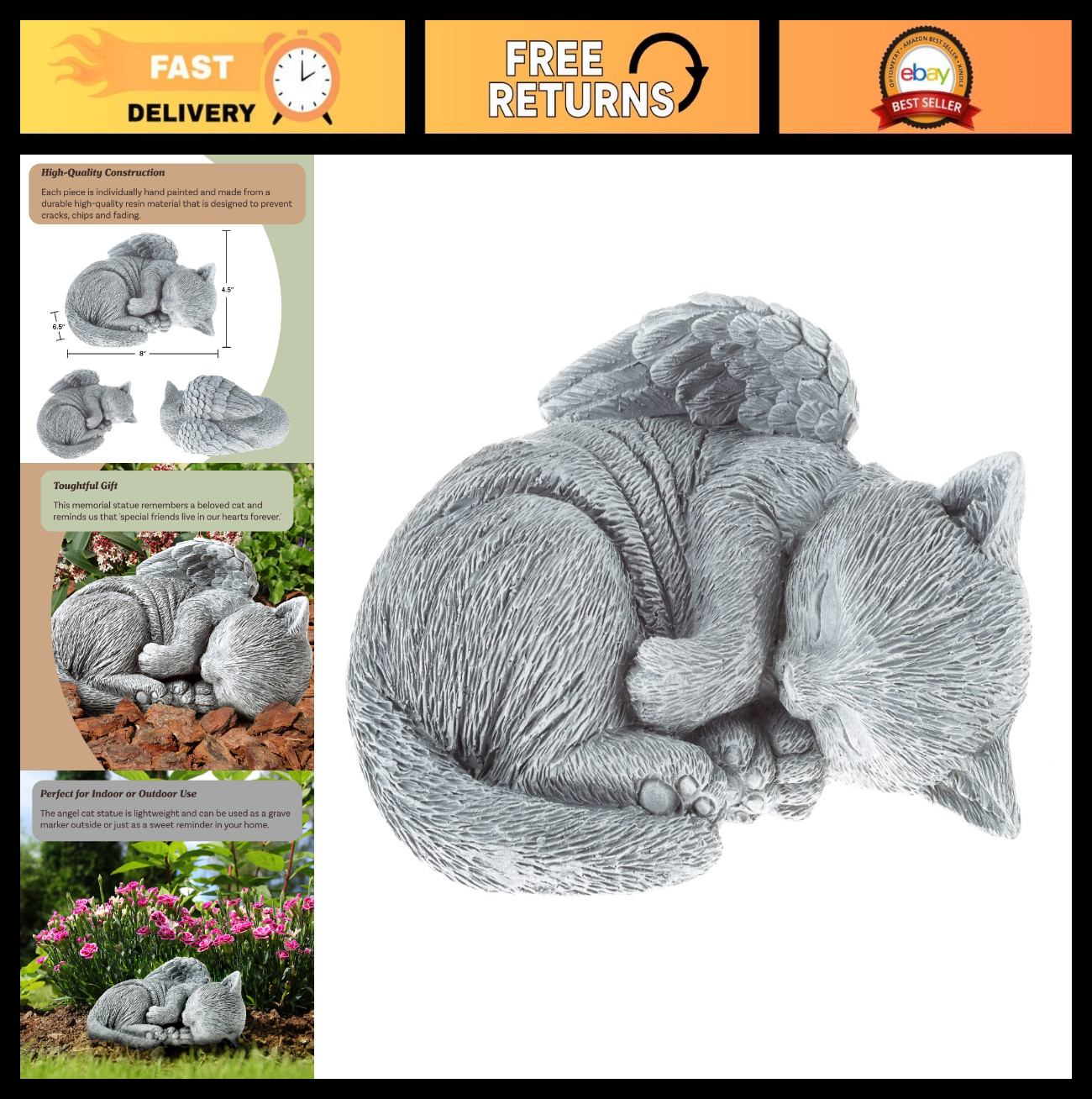 Peaceful Sleeping Kitten Angel Statue – Cat Memorial Stone for Garden, Grave Mar