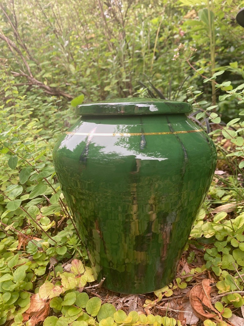 Handmade Ceramic Cremation Urn Keepsake Vessel in Dark Green with Silver 150 ci
