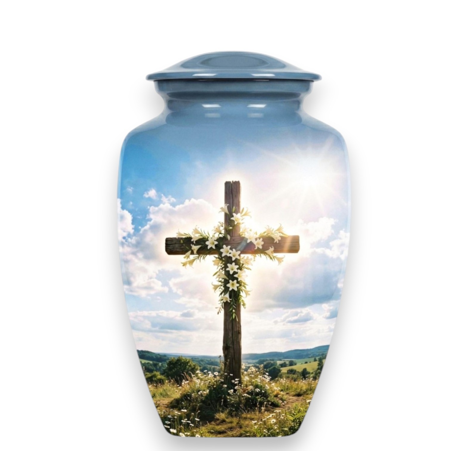 Large Blue Christian Cross Cremation Urn Human Ashes Adult for Your Love Ones