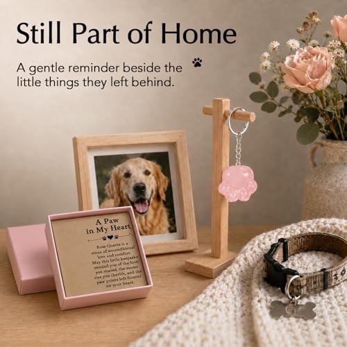 Pet Loss Sympathy Gift – Rose Quartz Paw Keychain, Healing Crystal Pocket Pink