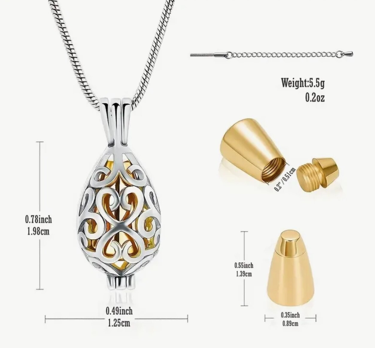 Pet Cremation Ash Holder Pendant Necklace Memorial Urn, Silver and Gold Tone