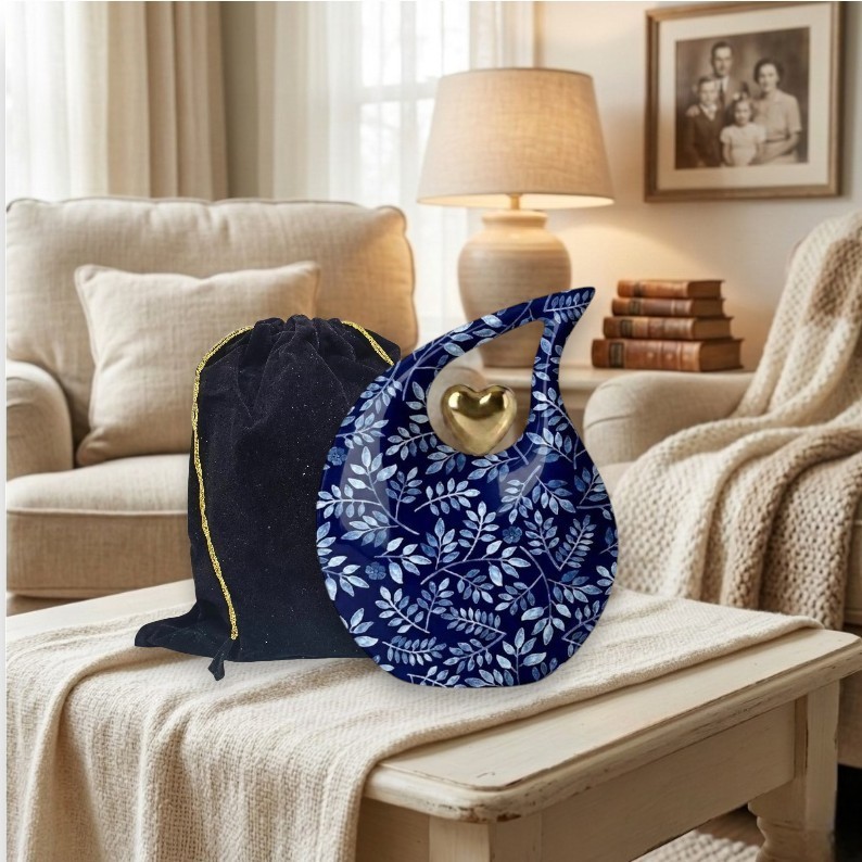 Blue Floral Aluminum Cremation Urns with Gold Heart 200 Cubic Inches Adult Ashes