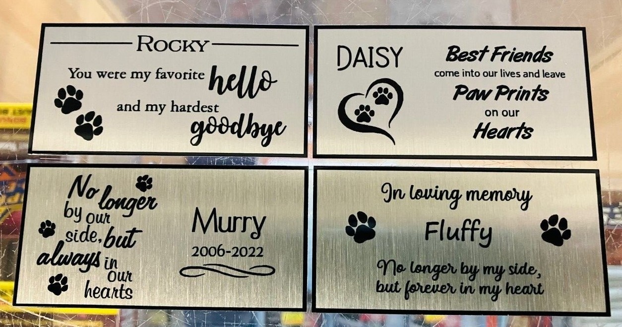 Custom Pet Dog or Cat Memorial Plate 3″x1.5″ Aluminum Gold/Silver 4 Styles SALE!