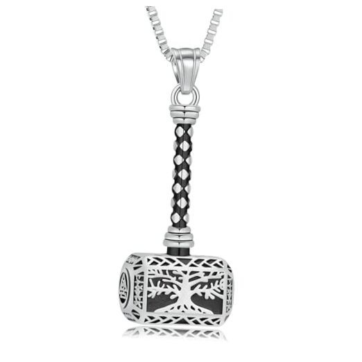 Viking Thor Hammer Cremation Jewelry for Ashes Tree of Life Hammer Silver