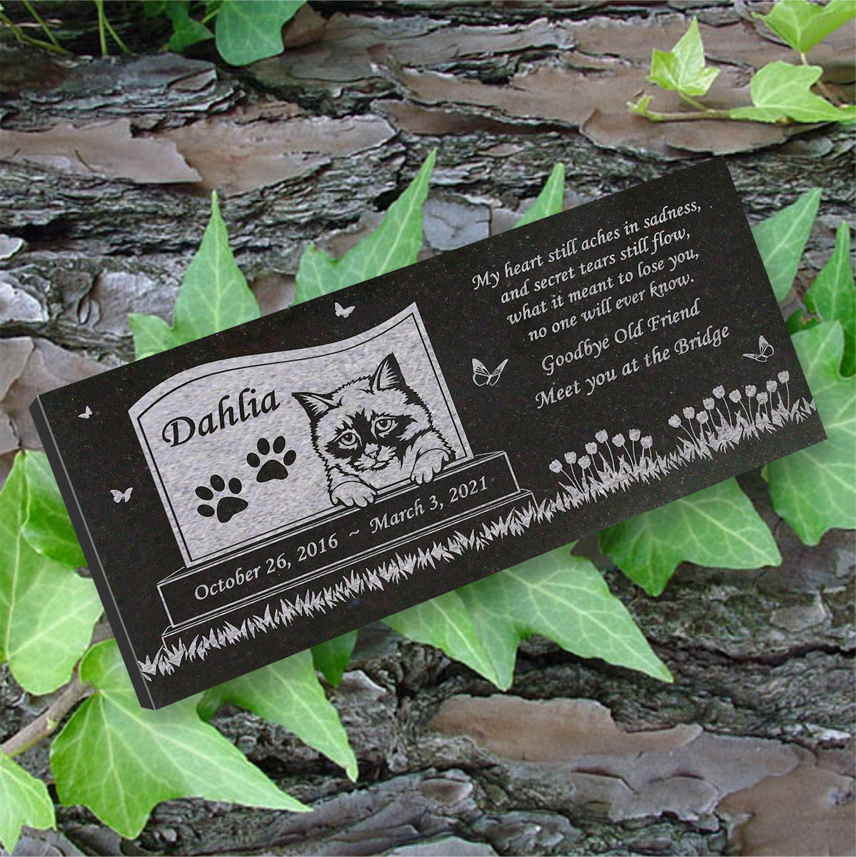 Personalized Cat Memorial – Granite Stone Pet Grave Marker – 6×12 – Dahlia