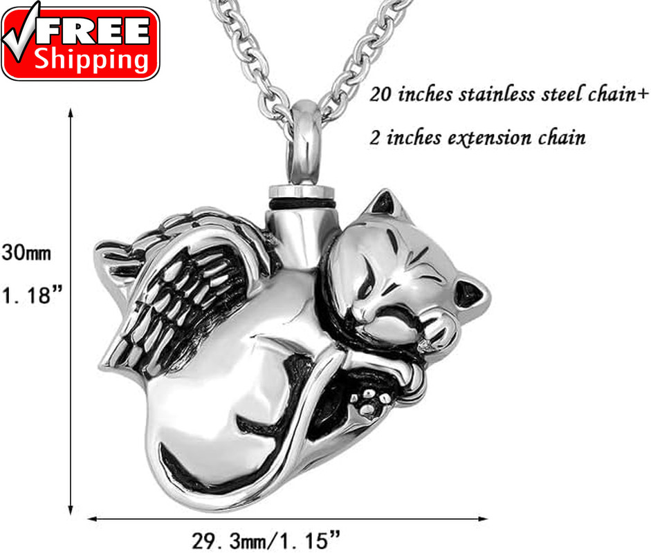 Cute Angel Cat Pet Urn Necklace for Ashes Cremation Jewelry Memorial Animal Stai