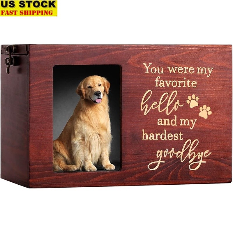 Handcrafted Wooden Pet Urn Dogs Cats W/ Photo Display Paw Prints Memorial New