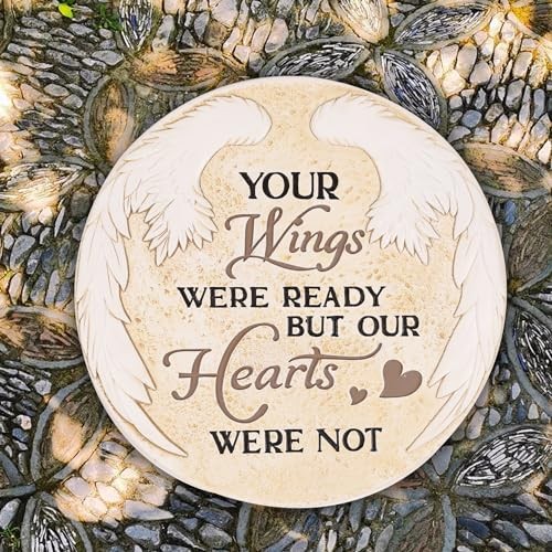 10 Inch Polyresin Memorial Garden Stone, Angel Wings Stepping Round Wings