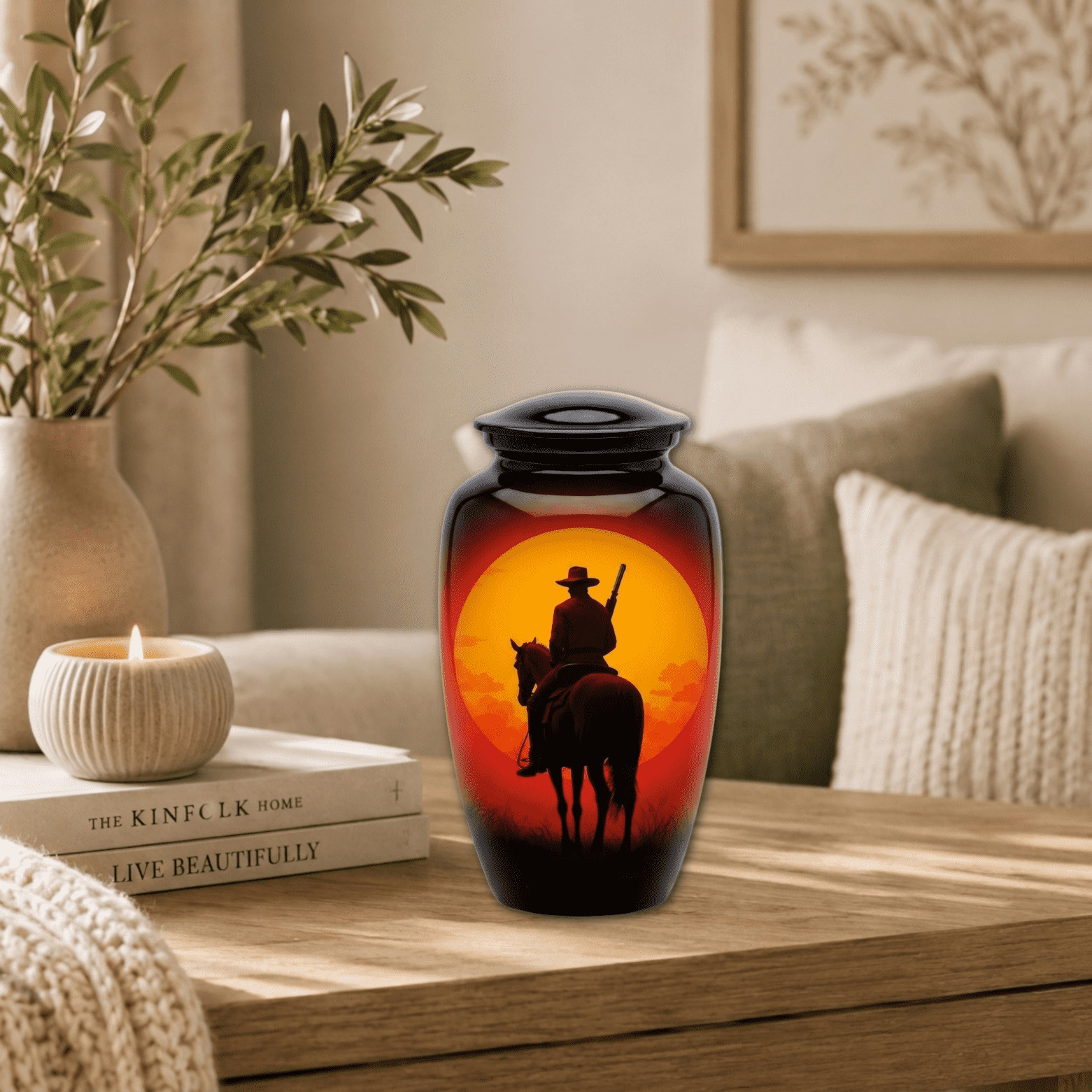 Cremation Urn for Human Ashes 190 Cu In Adult Cowboy Western Sunset Memorial