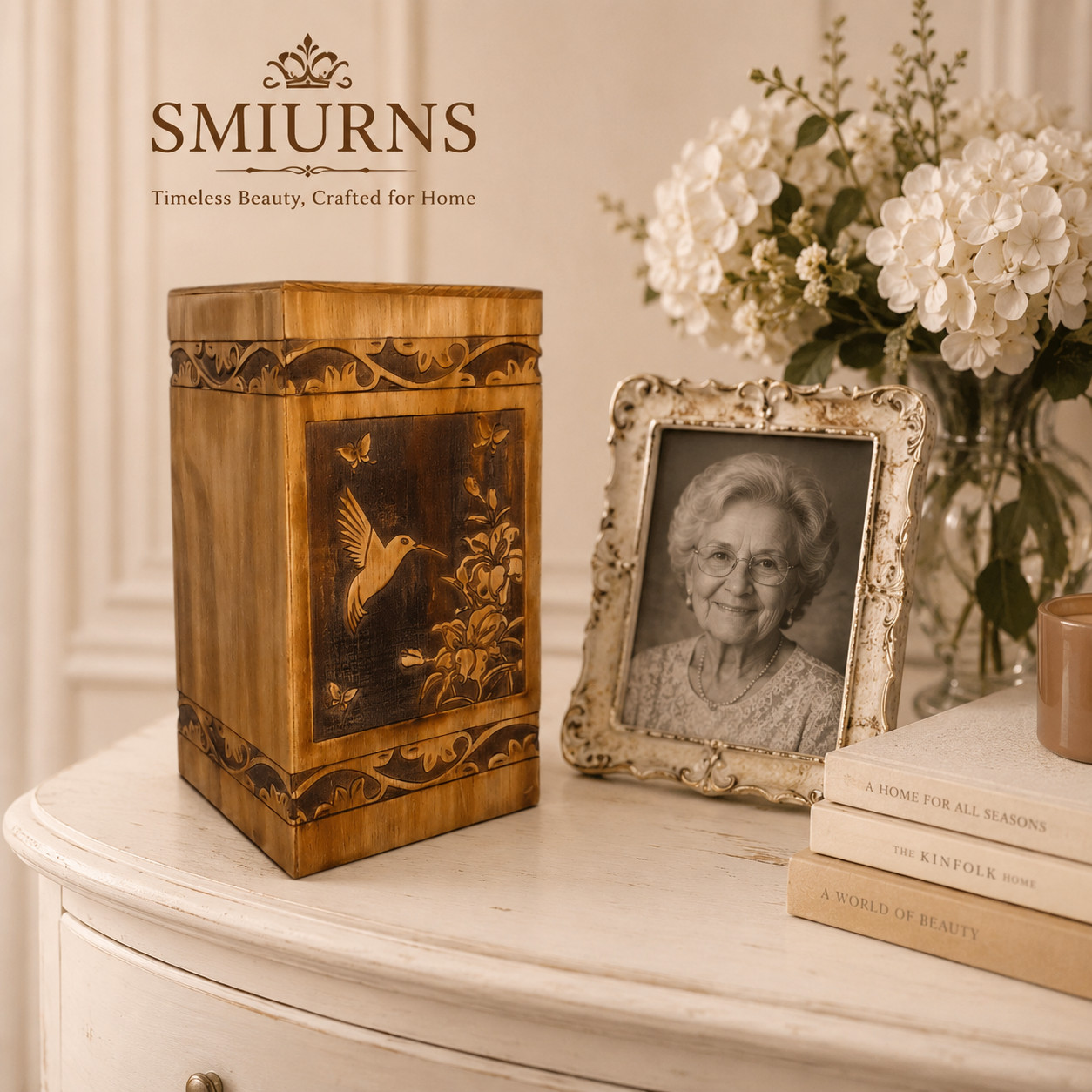 “Large Wooden Cremation Urn for Human Ashes Adult Memorial Hummingbird 250lb”