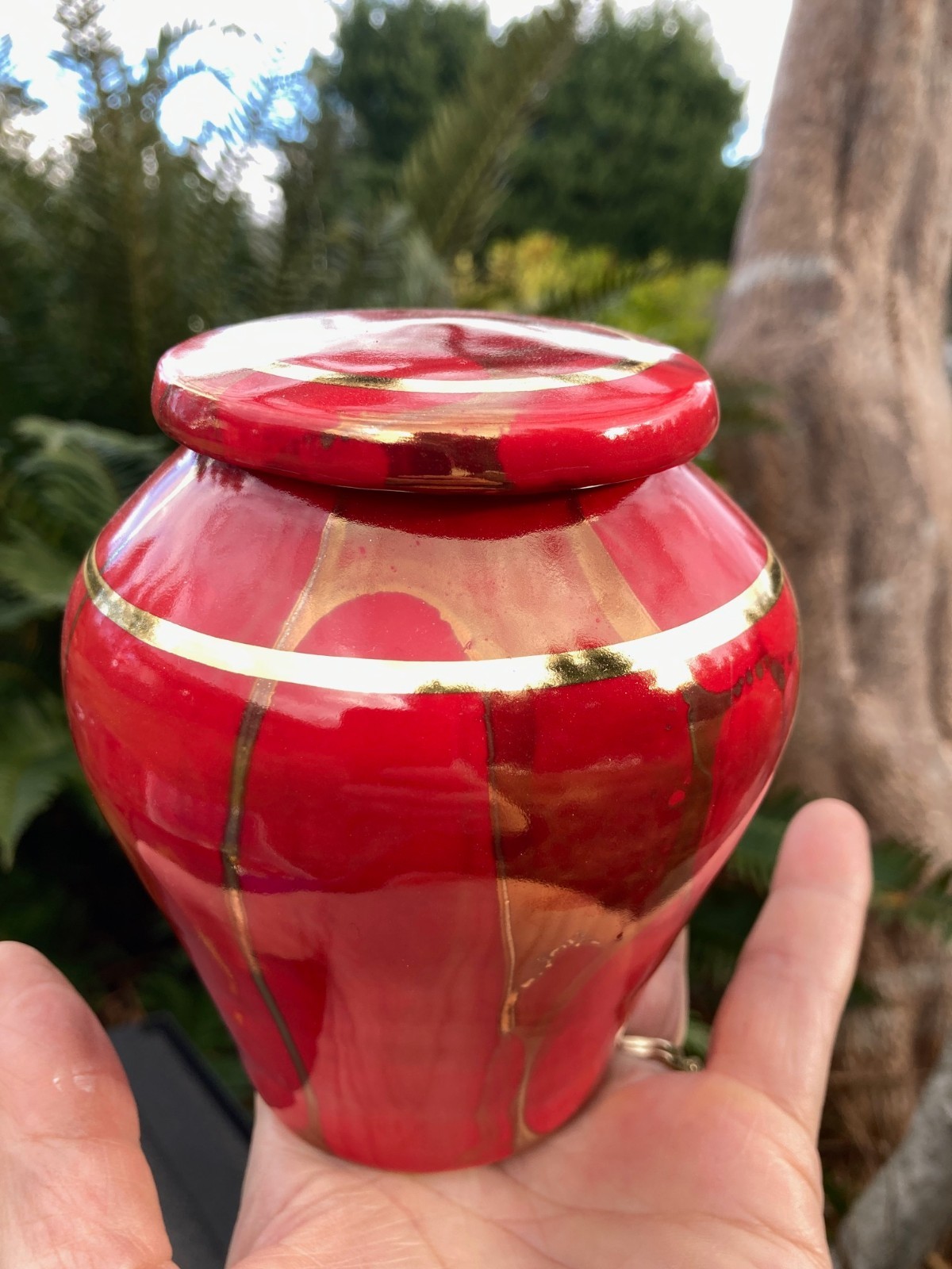 Handmade Ceramic Cremation Urn in Yellow w/MOP, small size for pet ashes 50 ci