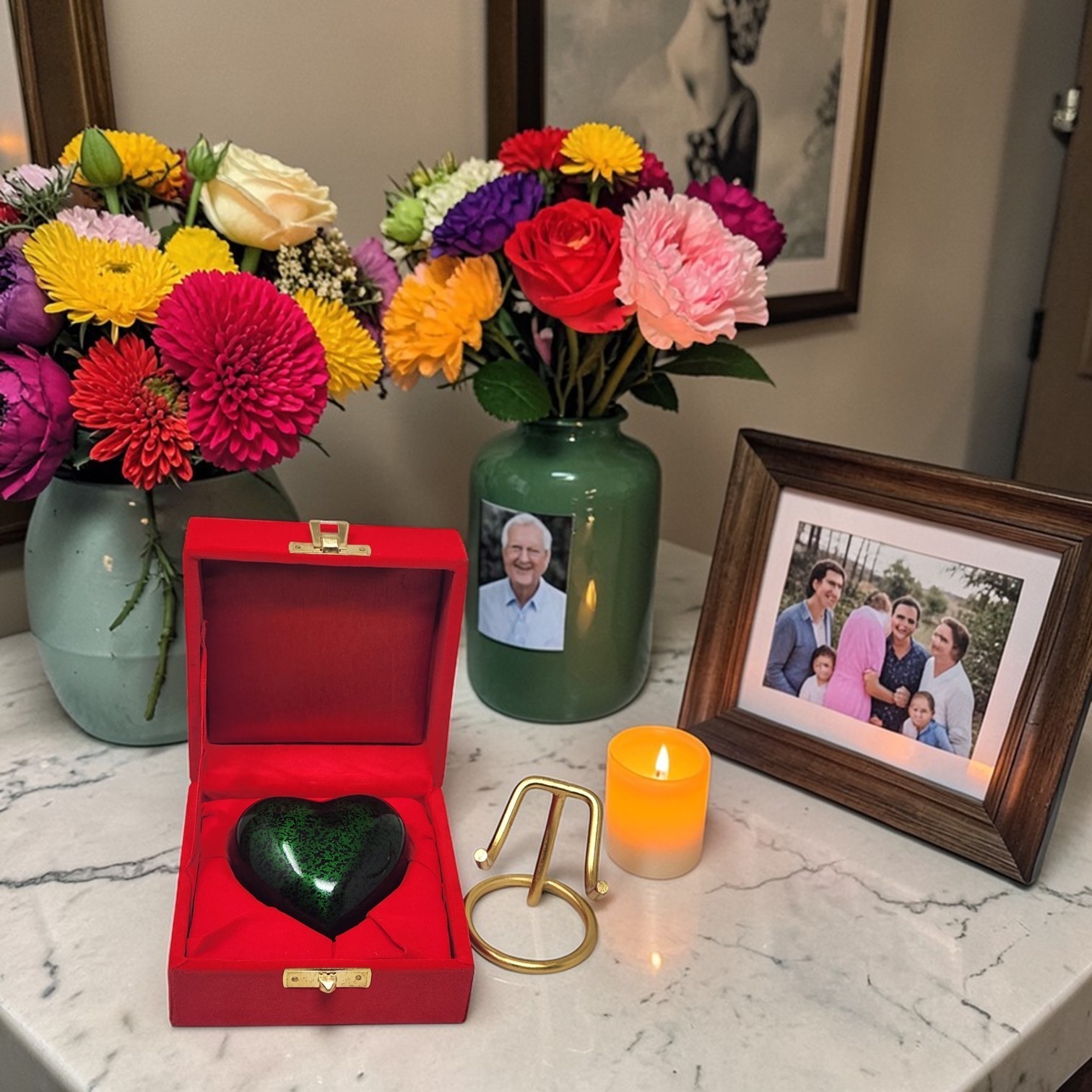 Custom Green Heart Cremation Keepsake Urn for Ashes with Display Stand & Box