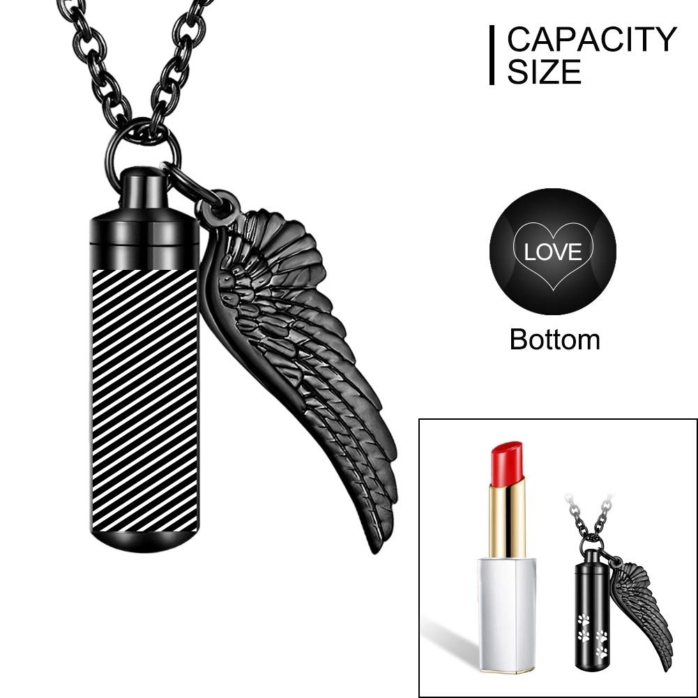 Cylinder Cremation Necklace for Pet Ashes Urn Necklace with Angel Wing Pet Paw A