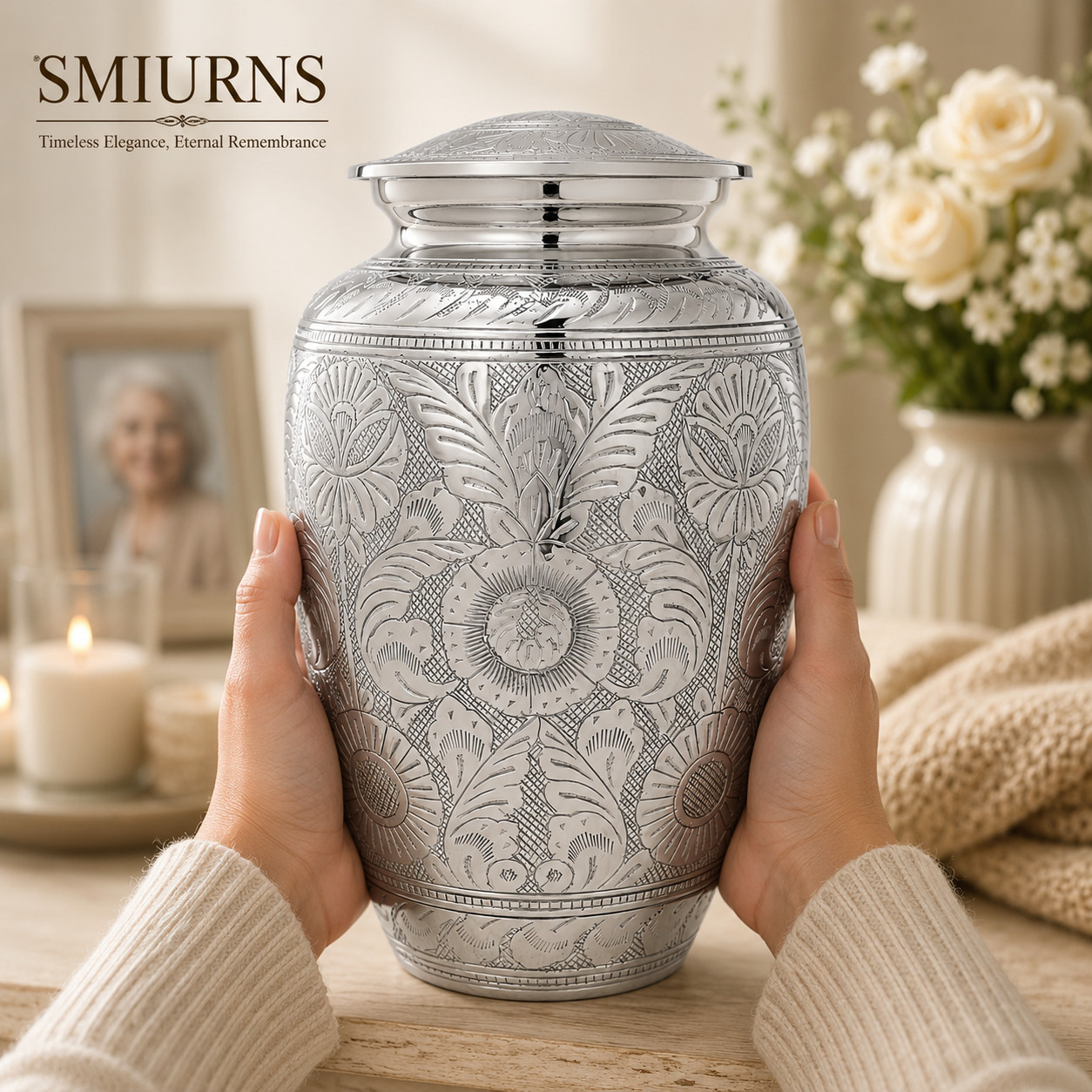 Silver Cremation Urn for Human Ashes Adult Large Funeral Urn 10.5″ Metal Urns