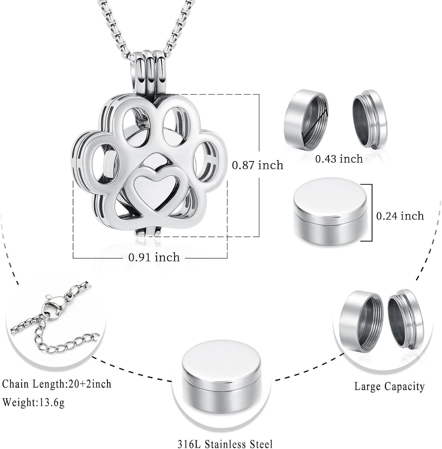 Stainless Steel Paw Print Urn Necklace for Pet Ashes – Near Weightless Design