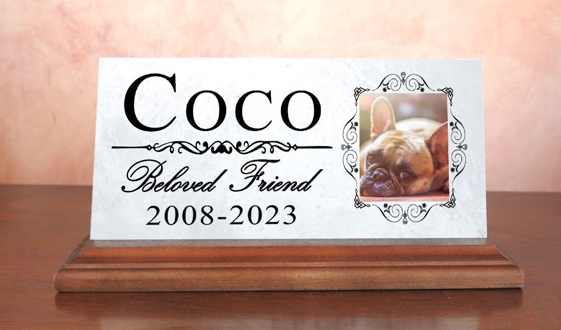Pet Memorial With Picture for Shelf or Mantel – Solid Marble – 4″ x 8″