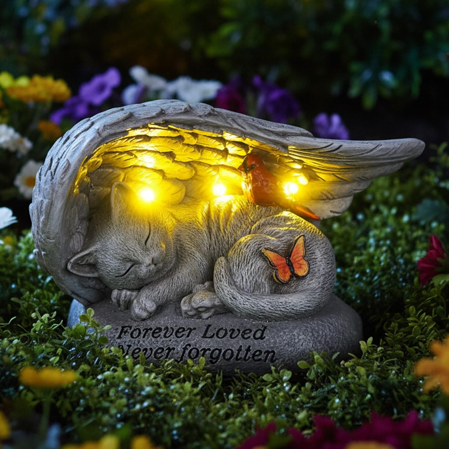Cat Memorial Stone – Solar Angel Wing & Butterfly, 8″ Outdoor Grave Marker, Pet