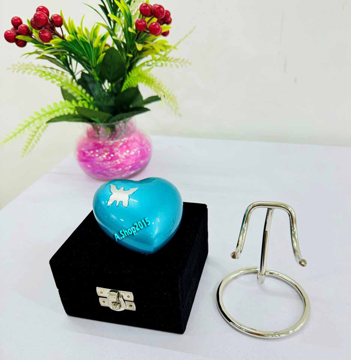 Cremation Urn for Ashes Keepsake Blue Heart Urn with Box and Stand Mini Pet urn