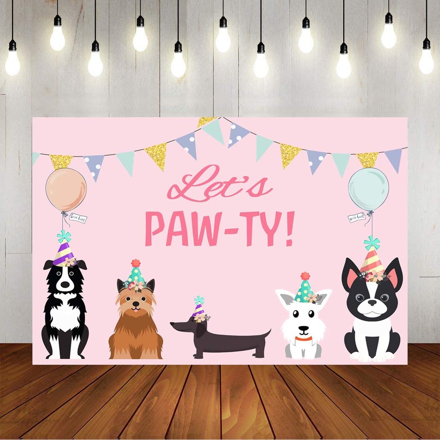 5x3ft Puppy Dog Happy Themed Backdrops Let’s Paw-ty Doggy Pet Pink Girl Photo…