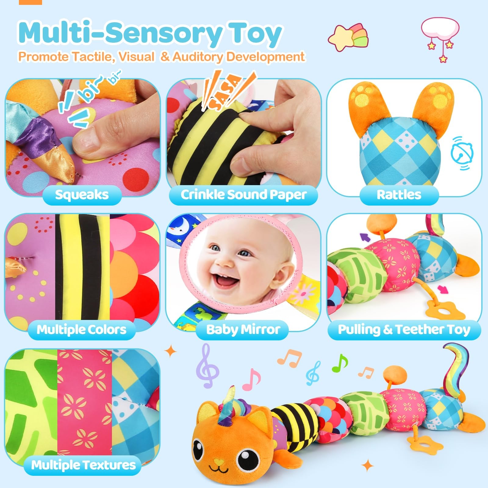 Baby Sensory Musical Stuffed Animal Toy 0-12 Months Infant Unicorn Cat Plush