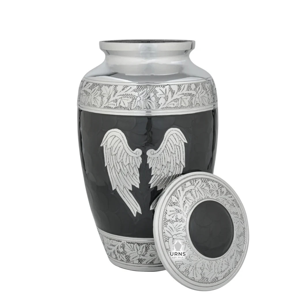 Midnight Wings Angel Urn – Ornate Black and Silver Cremation Urn for Adult Human