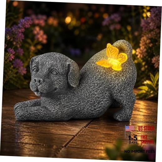 Solar Dog Statue with Butterfly Light, Outdoor Puppy Resin Garden Figurine for