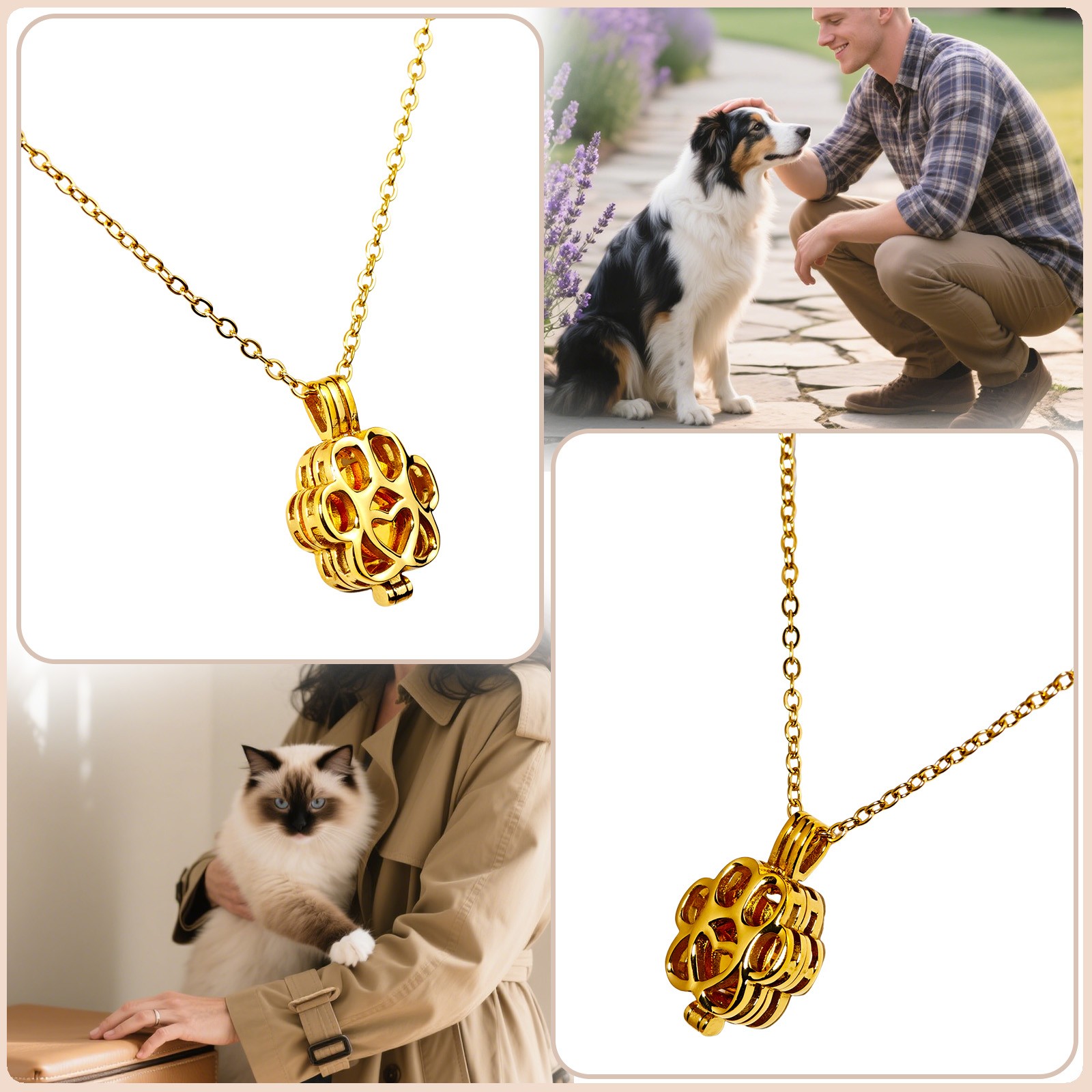Gold Paw Print Heart Pet Ashes Memorial Necklace with Inner Box Fit For Dog&Cat