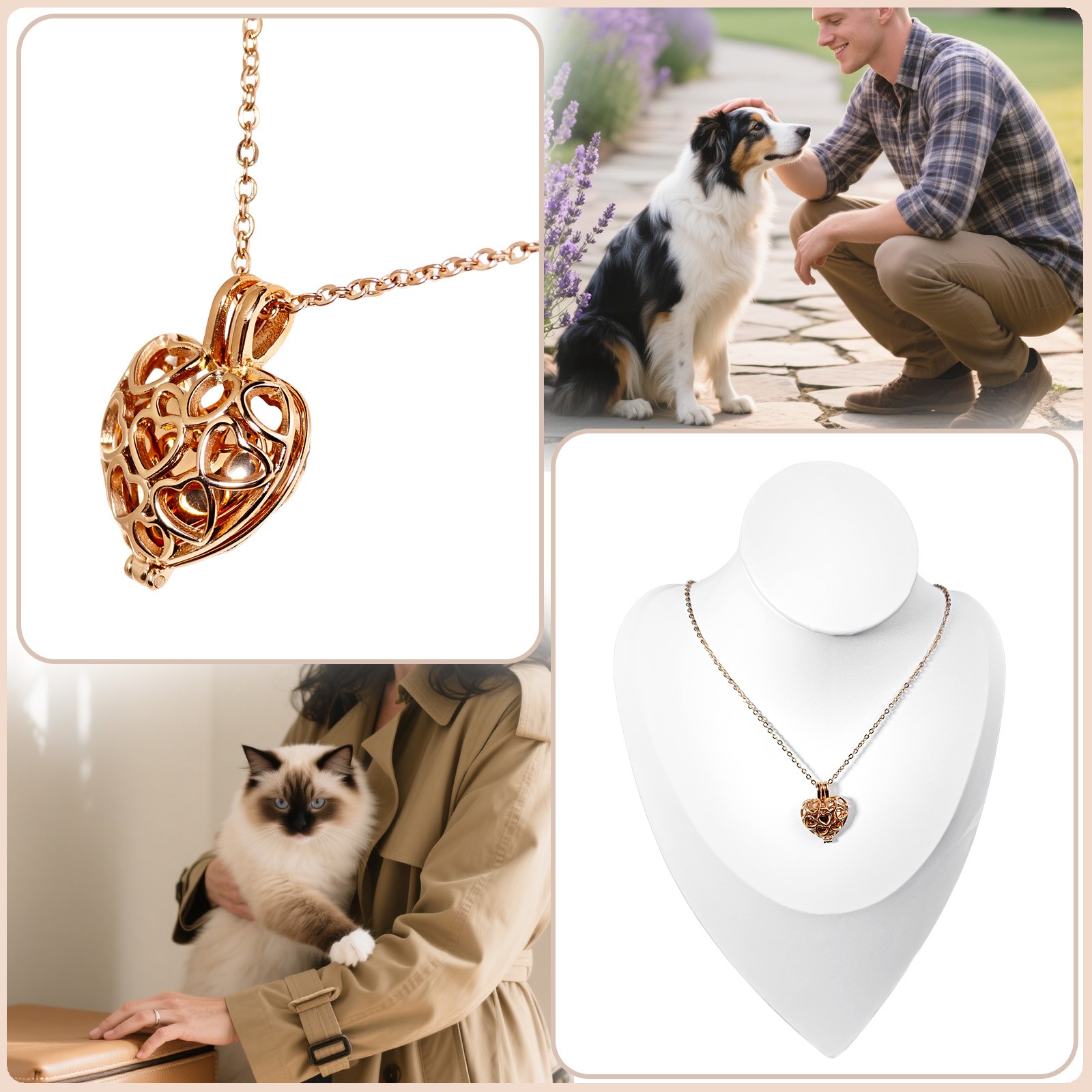 Paw Print Heart Rose Gold Pet Ashes Memorial Necklace with Box For Dog&Cat