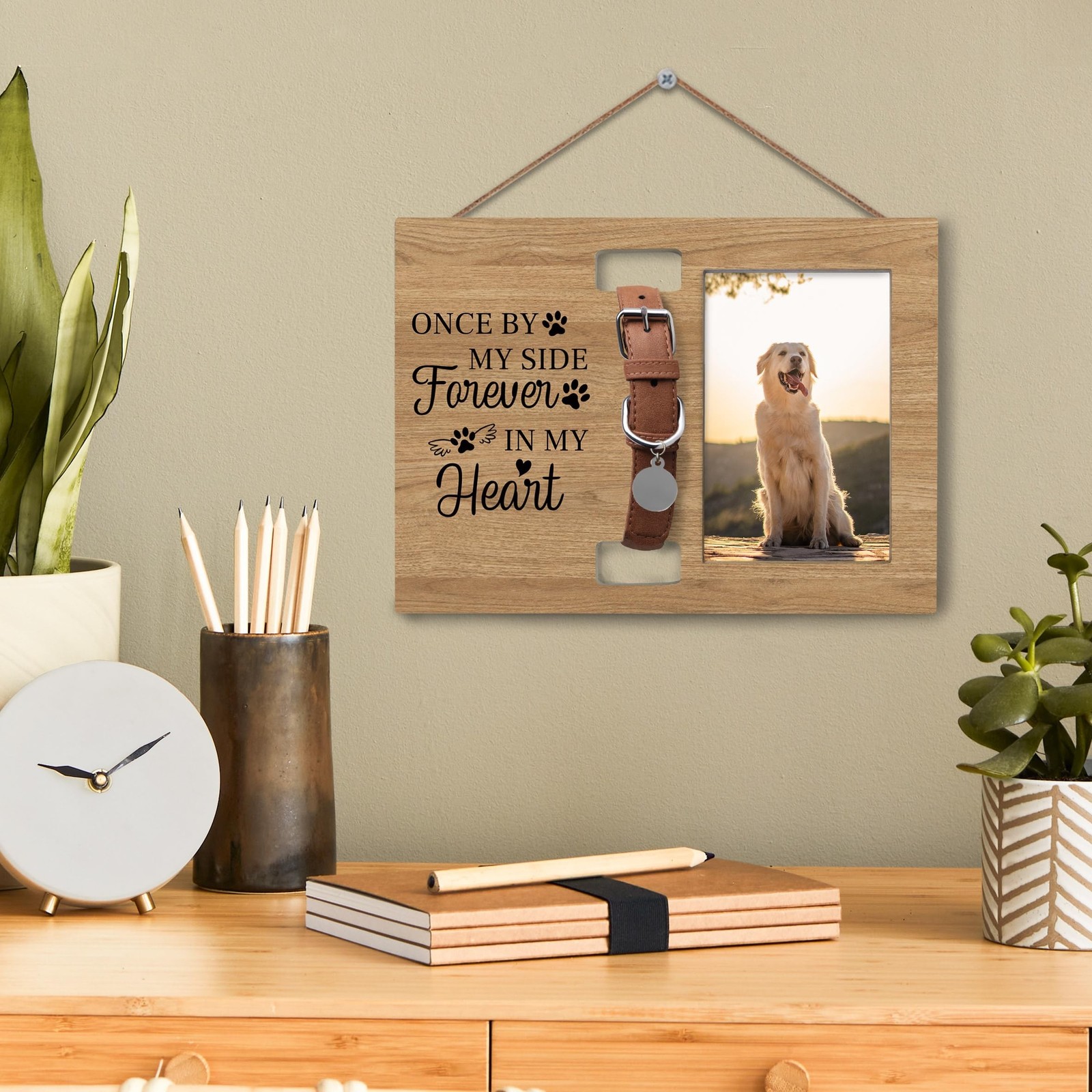 Dog Cat Pet Memorial Picture Frame with Collar Holder, 7×10 Inch, Wooden, Cla…