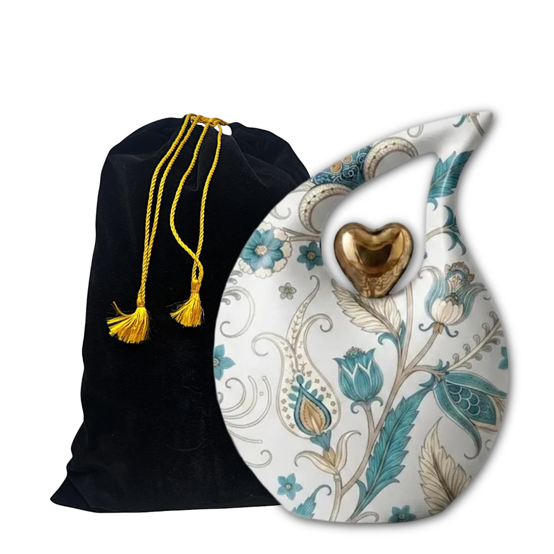 White Teardrop Cremation Urn for Ashes Floral Design with Gold Heart Accent Urns