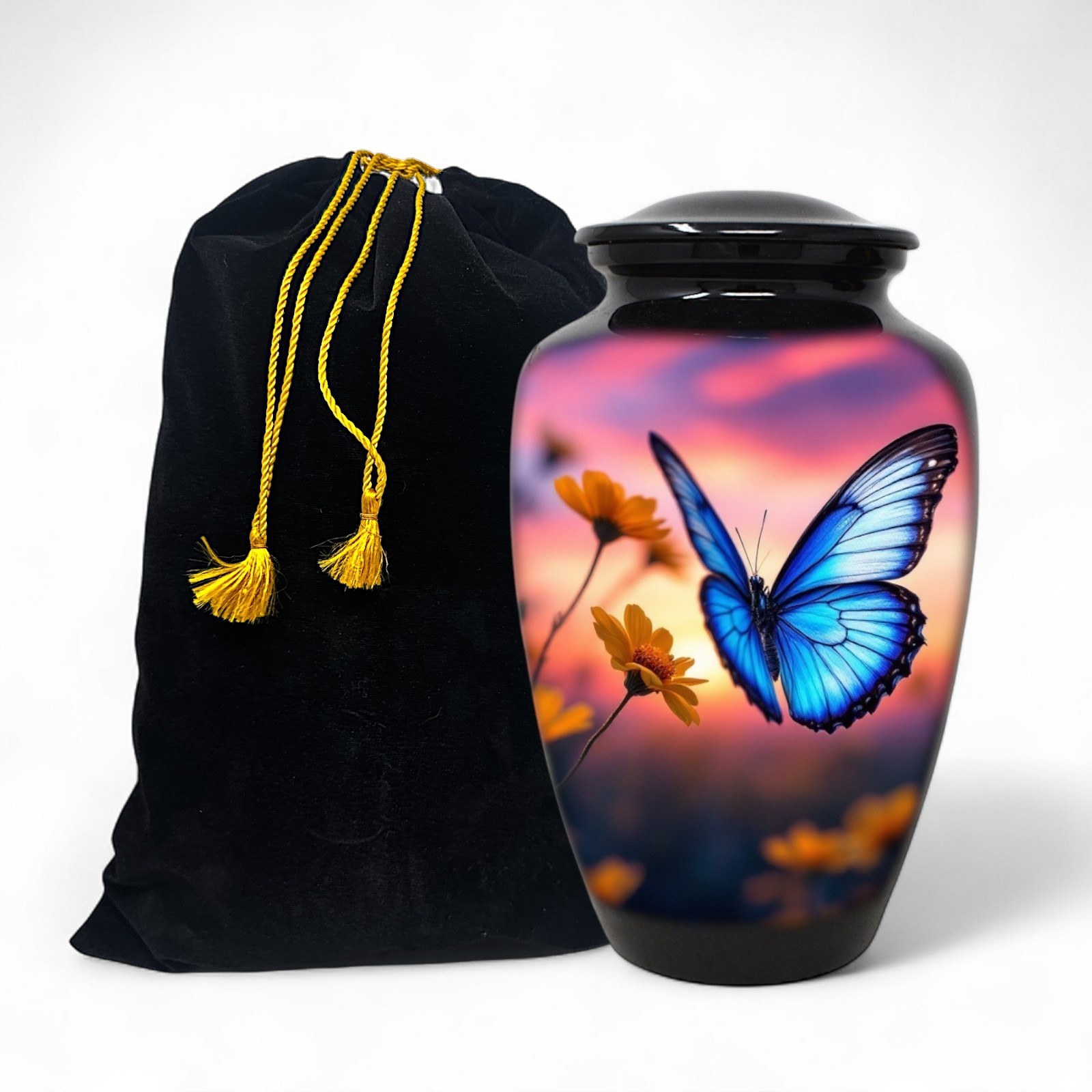 Large Adult Urn for Human Ashes Blue Morpho Butterfly Urn with Velvet Bag