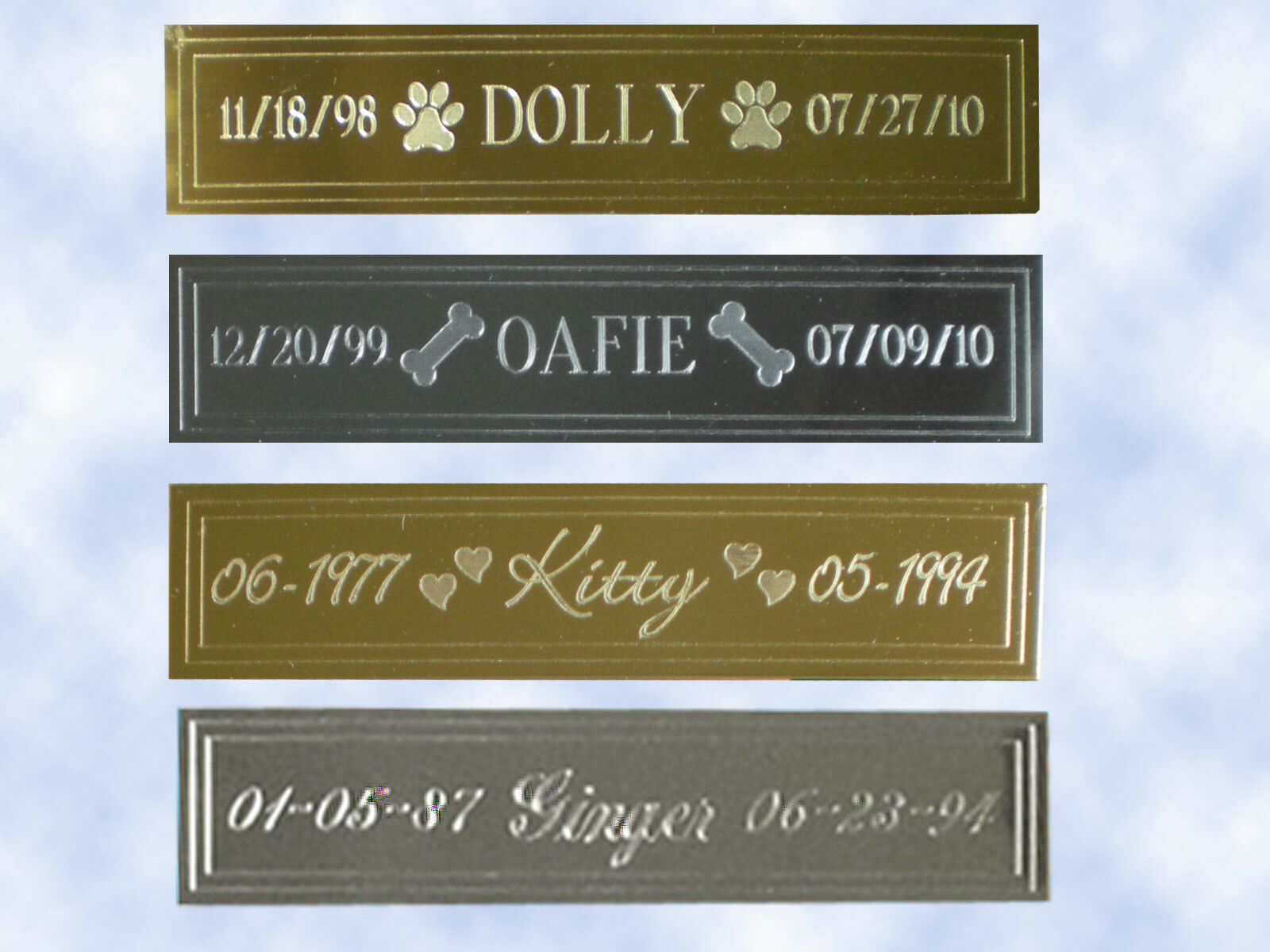Engraved Brass Name Plate Pet Memorial – 5/8″H x 2-5/8″L – Choice of Designs