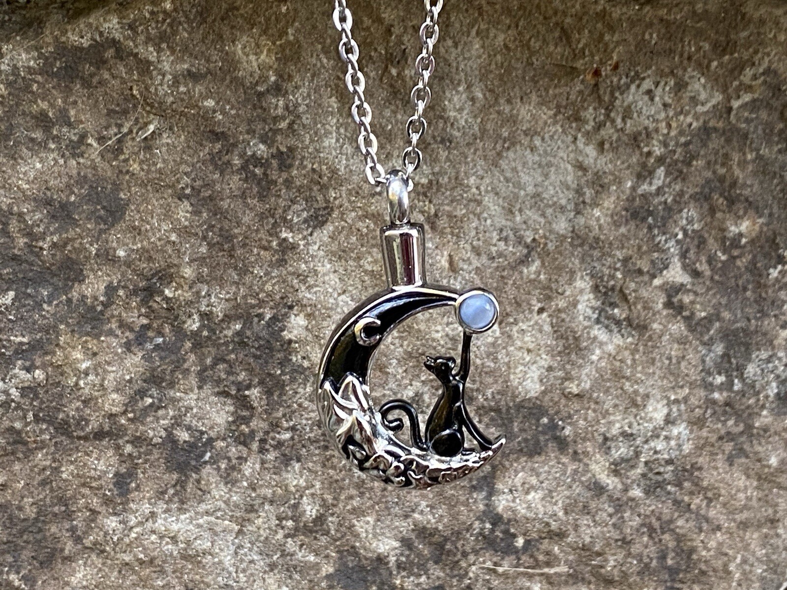 Black Cat Moon Stone Cremation Necklace Holds Ashes Urn Pendant Jewelry Gift Lov