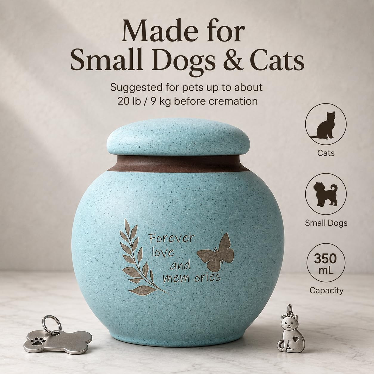 Small Pet Urn for Ashes, Dog and Cat Cremation Urn, Cyan Ceramic Memorial Keepsa