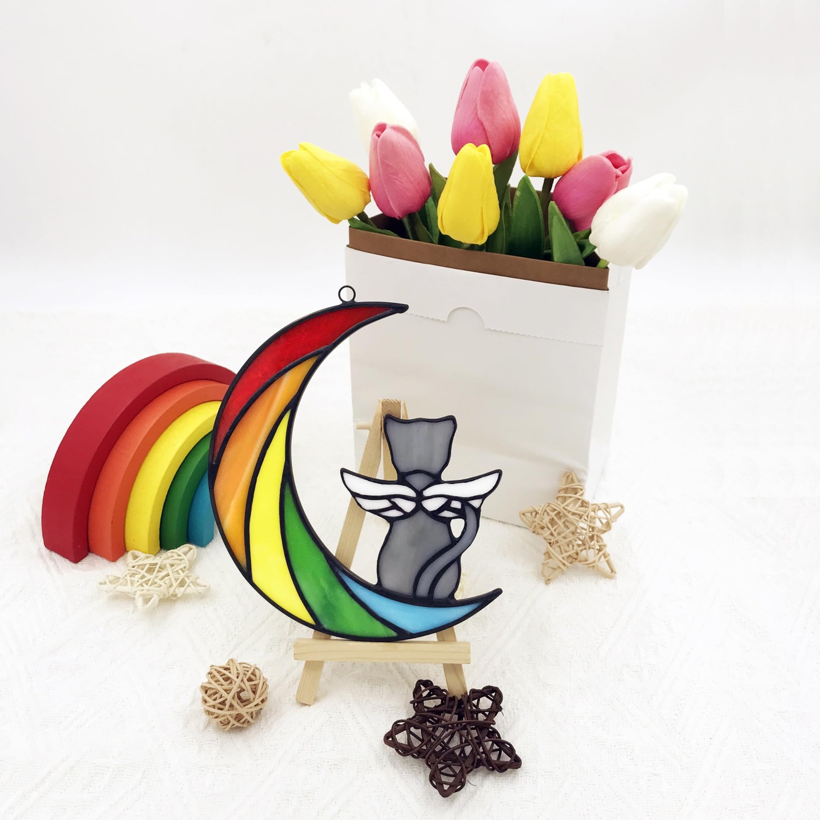Stained Glass Rainbow Bridge Pet Memorial Gifts, Grey Cat Decor Memorial Gift…