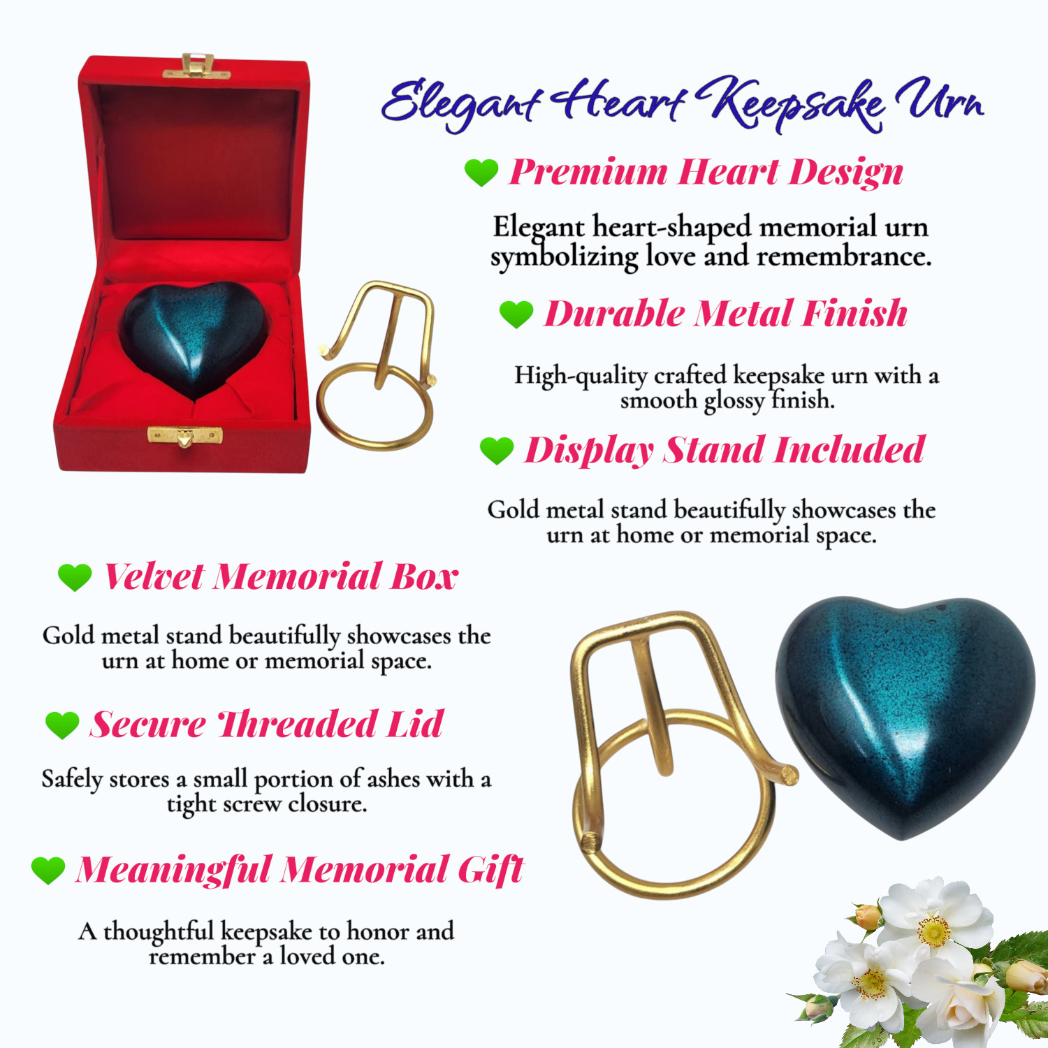 Personalized Mini Heart Cremation Urn for Ashes with Stand Velvet Box