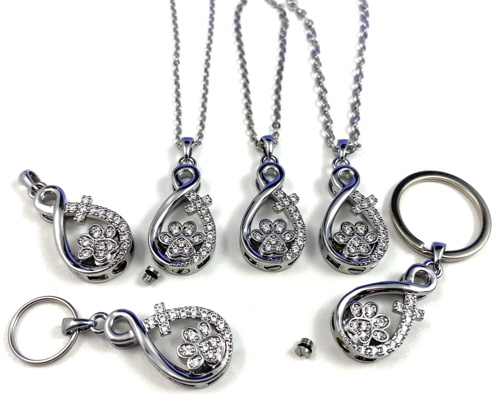 Pet Cremation Pendant Urn Keychain 1″ Key Ring for Ashes Dog Cat Paw Print Cross